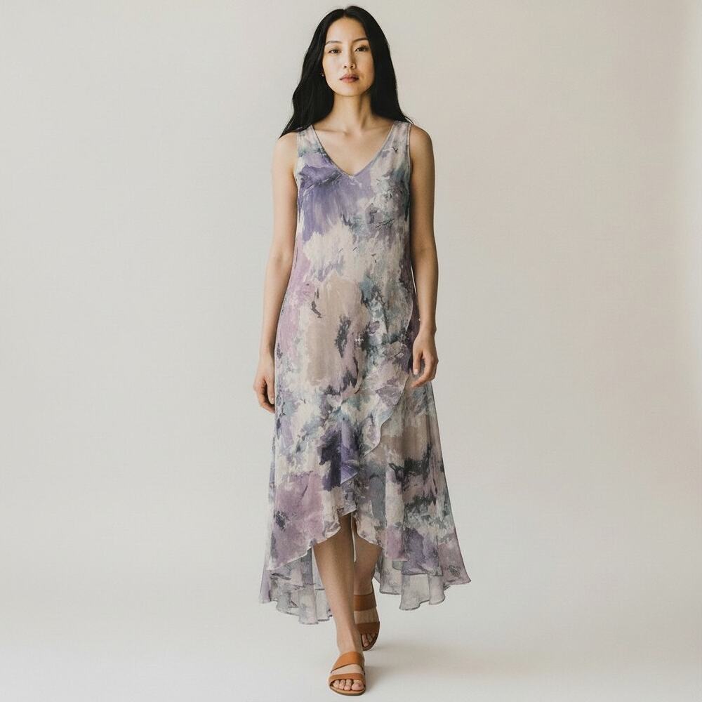 Vtg 90's Y2K R&M Richards Floral Watercolor V-neck Sleeveless Slip Dress Sz 10